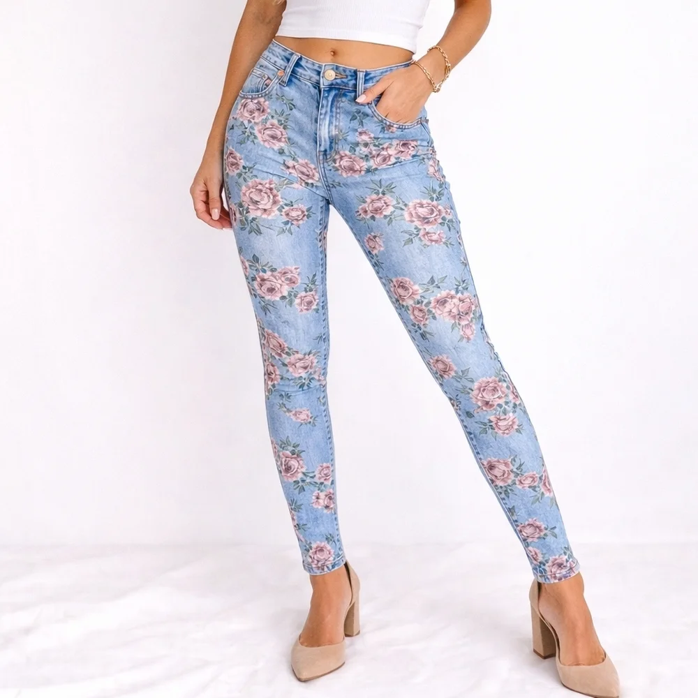 Vintage America Floral Skinny Jeans Rose Print Denim Women 10 Cottagecore Spring - Picture 3 of 11